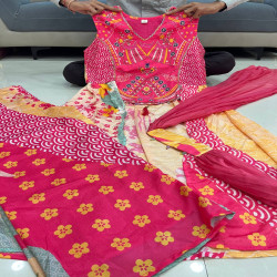 Premium Pure Chinon Handwork Wedding Suit Set with Printed Flared Skirt & Chiffon Dupatta